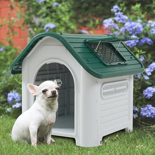 [en.casa] Hundehütte Outdoor Bello Hundehöhle wetterfest Hundehaus mit Dachluke und Lüftungsschlitzen 87 x 72 x 75 cm Kleintierhaus erhöhter Boden Kunststoff Weiß/Grün von [en.casa]