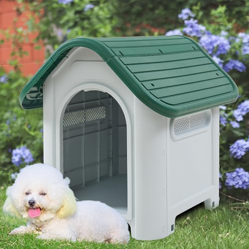 [en.casa] Hundehütte Outdoor Bello Hundehöhle wetterfest Hundehaus mit Lüftungsschlitzen 75 x 59 x 66 cm Kleintierhaus erhöhter Boden Kunststoff Weiß/Grün von [en.casa]