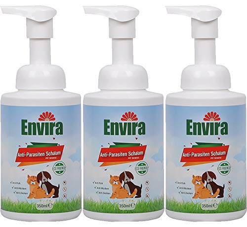Envira Anti-Parasiten Schaum für Hunde & Katzen - Trockenwäsche gegen Zecken, Flöhe & Mücken - 3 x 350 ml mit Spender von Envira