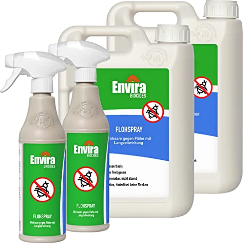 Envira Floh-Spray - Anti Flohmittel für die Wohnung 2X 500 ml + 2X 2 Liter - Umgebungsspray, Mittel gegen Flöhe - Geruchlos & Auf Wasserbasis von Envira