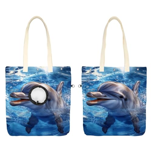 Haustier-Schultertasche aus Segeltuch, weiche Seiten, Hunde-Geldbörse für kleine Hunde und Katzen, tragbare Haustier-Handtasche mit verstellbarem Loch, waschbare Reisetasche, Happy Dolphin, 42 x 40 cm von etoenbrc
