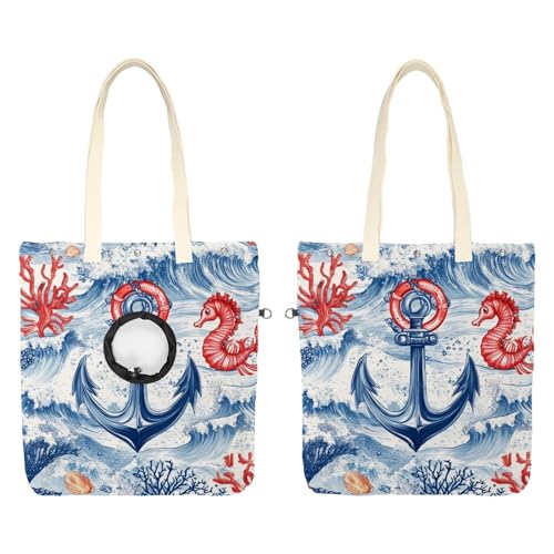Schultertasche aus Segeltuch, weiche Seiten, Tragetasche für kleine Hunde und Katzen, tragbare Haustier-Handtasche mit verstellbarem Loch, waschbare Reisetasche, Anker Ozeanwellen, Seepferdchen, 41 x von etoenbrc