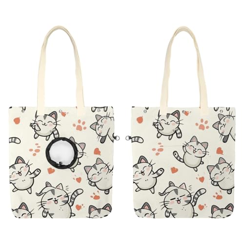 Schultertasche aus Segeltuch, weiche Seiten, Tragetasche für kleine Hunde und Katzen, tragbare Haustier-Handtasche mit verstellbarem Loch, waschbare Reisetasche, Cartoon-Glückliche Katze, 41 x 40 cm von etoenbrc