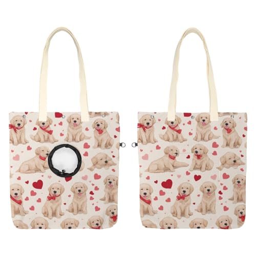 Schultertasche aus Segeltuch, weiche Seiten, Tragetasche für kleine Hunde und Katzen, tragbare Haustier-Handtasche mit verstellbarem Loch, waschbare Reisetasche, Golden Retriever-Herzen, 42 x 40 cm von etoenbrc
