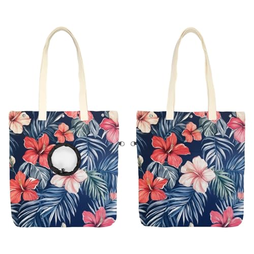 Schultertasche aus Segeltuch, weiche Seiten, Tragetasche für kleine Hunde und Katzen, tragbare Haustier-Handtasche mit verstellbarem Loch, waschbare Reisetasche, Hibiskusblüten, Palmblätter, 49,3 x von etoenbrc