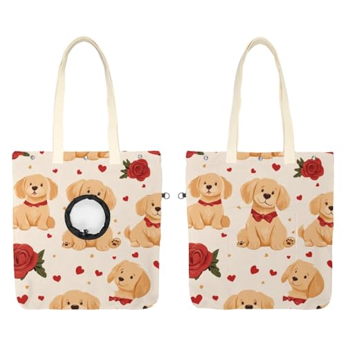 Schultertasche aus Segeltuch, weiche Seiten, Tragetasche für kleine Hunde und Katzen, tragbare Haustier-Handtasche mit verstellbarem Loch, waschbare Reisetasche, Liebesherzen, Golden Retriever, 41 x von etoenbrc