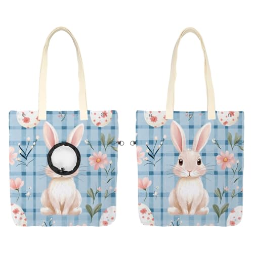 Schultertasche aus Segeltuch, weiche Seiten, Tragetasche für kleine Hunde und Katzen, tragbare Haustier-Handtasche mit verstellbarem Loch, waschbare Reisetasche, blau karierter Osterhase, 41 x 40 cm von etoenbrc