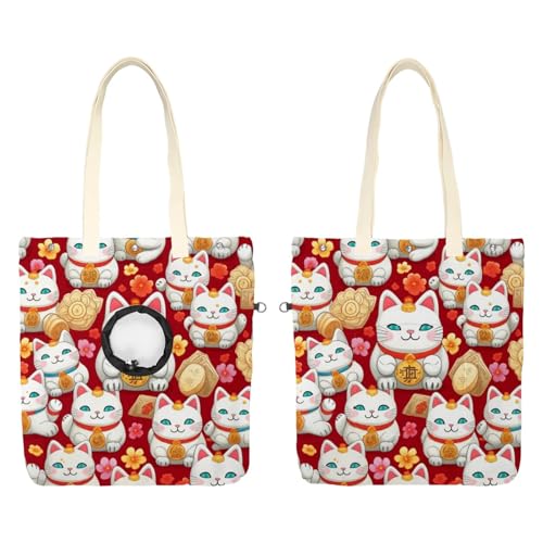 Schultertasche aus Segeltuch, weiche Seiten, Tragetasche für kleine Hunde und Katzen, tragbare Haustier-Handtasche mit verstellbarem Loch, waschbare Reisetasche, niedliches Glückskatzenmuster, 49,3 x von etoenbrc