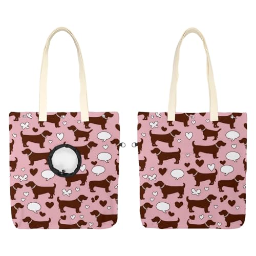 Schultertasche aus Segeltuch, weiche Seiten, Tragetasche für kleine Hunde und Katzen, tragbare Haustier-Handtasche mit verstellbarem Loch, waschbare Reisetasche, rosa Hintergrund, Dackel 42 x 40 cm von etoenbrc