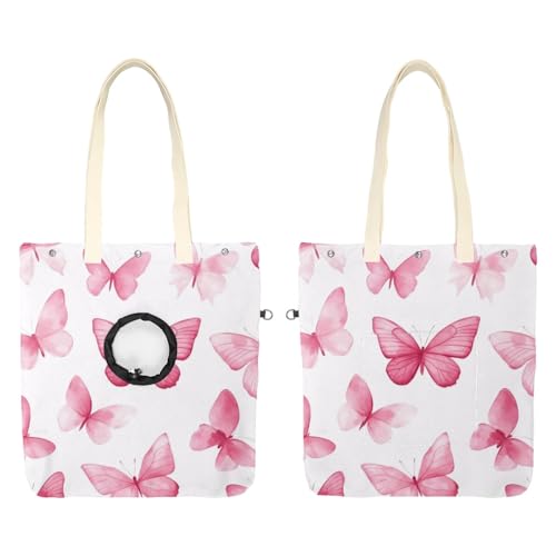 Schultertasche aus Segeltuch, weiche Seiten, Tragetasche für kleine Hunde und Katzen, tragbare Haustier-Handtasche mit verstellbarem Loch, waschbare Reisetasche, rosa Schmetterlinge, 42 x 40 cm von etoenbrc
