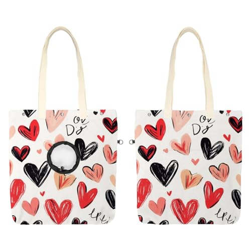 Schultertasche aus Segeltuch, weiche Seiten, Tragetasche für kleine Hunde und Katzen, tragbare Haustier-Handtasche mit verstellbarem Loch, waschbare Reisetasche, rosa schwarze Linien, Herzen, 49,3 x von etoenbrc