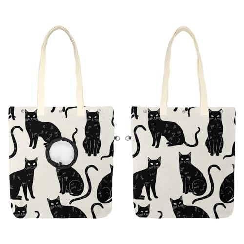 Schultertasche aus Segeltuch, weiche Seiten, Tragetasche für kleine Hunde und Katzen, tragbare Haustier-Handtasche mit verstellbarem Loch, waschbare Reisetasche, schwarze Katzen-Druck, 49,3 x 41,9 cm von etoenbrc