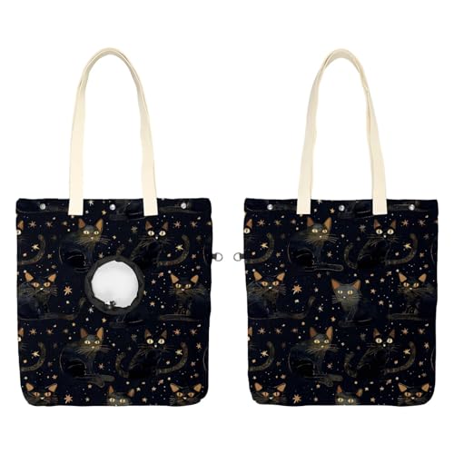 Schultertasche aus Segeltuch, weiche Seiten, Tragetasche für kleine Hunde und Katzen, tragbare Haustier-Handtasche mit verstellbarem Loch, waschbare Reisetasche, schwarze Sterne, Katze, 49,3 x 41,9 cm von etoenbrc