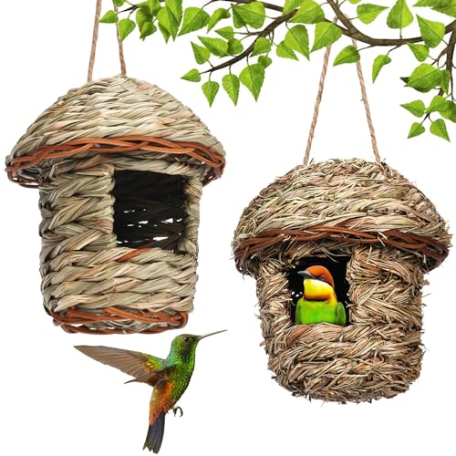 Vogelhäuschen Hummingbird House 2pcs Hanging Hummingbird Nest natürlicher Stroh geflochtener Vogelhütte -Schütze Vogelhaus für draußen von eurNhrN