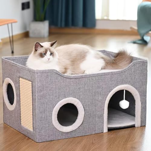 Großes Katzenhaus für den Innenbereich, großzügiges Katzenhöhlenbett für große Katzen, zusammenklappbares Versteck mit Kratzbereich, geschlossenes Katzenbett für Indoor-Katzen (erweitertes Grau, große von farbzauber