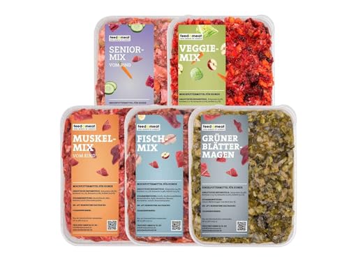 Barf-Seniorpaket – 22 Schalen Frostfutter – Speziell für ältere Hunde mit Kräutern, Ölen und Gemüse sowie Obst in den Fertigmixen von feed&meat