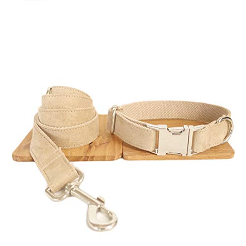 Einfarbige Hundehalsband mit Leine Set Steckverschluss Hundhalskette Verstellbare Hundehalsung Pastell Baumwolle mit Hundeführleine Hundeleine für Klein Mittlere Grosse Hunde (M, beige) von feiling