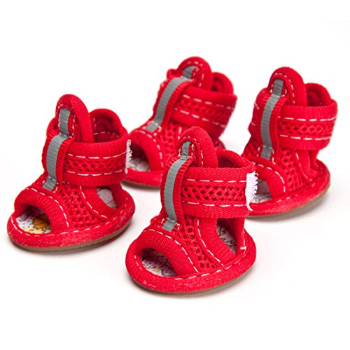 Hundeschuhe Atmungsaktiv Haustier Schuhe Gummi Stiefel Anti-Rutsch Pfotenschutz Sandalen Frühling und Sommer 4-er für Kleine Hunde Poodle Bichon Frise (5#, rot) von feiling