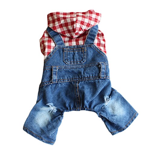 Karohemd für Hunde Dog Overall Pullover Vier-Beine Bekleidung Bequeme Jeans Latzhose Hundekostüm T-Shirt mit Kapuze Haustier Jumpsuit für Welpen Kleine Hunde (XXL) von feiling