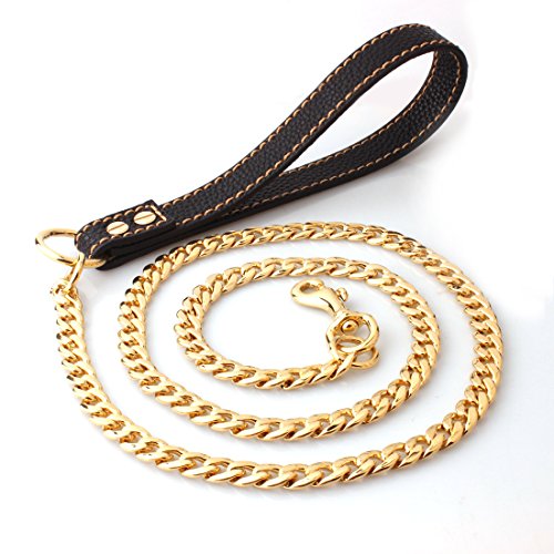 No-pull Edelstahl Hundeleine Goldene Farbe Führleine Metall Retriever Trainingsleine Mittlere Grosse Hunde Robuste Schleppleine Sicherheit Schauleine 1,25 Meter Leder Griff (schwarz griff, golden) von feiling