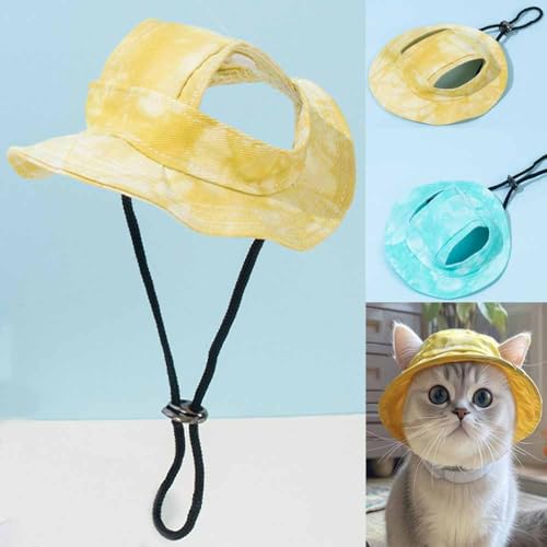 feiling 2er Pack Haustier Hut für Katzen, Welpen und Kleine Hunde Sunbonnet Kopfbedeckung Verstellbar Sonnenhut Mütze mit Ohr-Löcher Hundecap (gelb+grün, L) von feiling