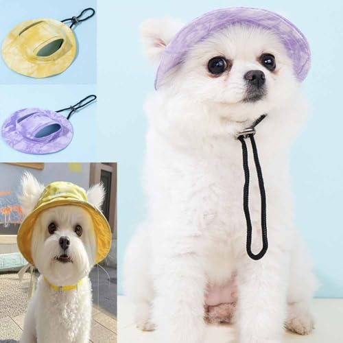 feiling 2er Pack Haustier Hut für Katzen, Welpen und Kleine Hunde Sunbonnet Kopfbedeckung Verstellbar Sonnenhut Mütze mit Ohr-Löcher Hundecap (gelb+lila, M) von feiling