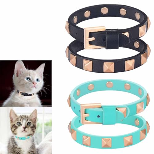 feiling 2er Pack Katzenhalsband mit Nieten Leder Halsband Verstellbares Haustier Halskette für Katzen und Kleine Hunde (blau+ schwarz, S) von feiling