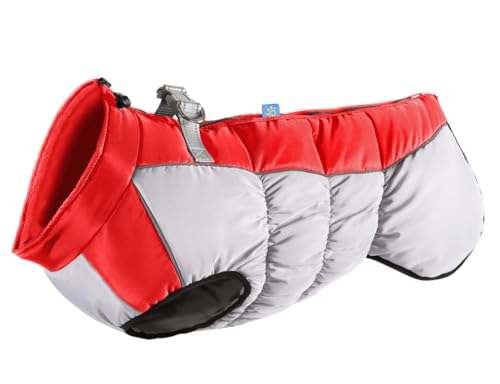 feiling Gepolsterte Hundejacke Winter Hunde Weste mit Metallhake für Hundeleine, Outfit Hundekleidung Reflektierende Daunen Hundemantel Wasserabweisend für Große Hunde (rot, 2XL for 12kg-15kg) von feiling
