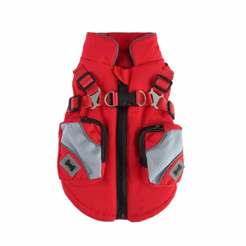 feiling Gepolsterte Hundeweste Winterjacke mit Hundegeschirr-Gurt, Hundejacke mit Taschen Bekleidung Outdoor für Welpen, Kleine und Mittlere Hunde (rot, L) von feiling