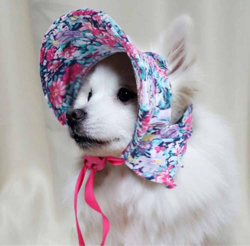 feiling Haustier Hut Retro Stil für Katzen Welpen Kostüm Zubehör Sunbonnet Kleine Hunde Kopfbedeckung Blumendruck Sonnenhut Einstellbare Mütze mit Ohr-Löcher (blau Blumen, S) von feiling