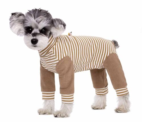 feiling Hunde Overall Pyjama Hoher Kragen Gestreift Shirt Bequeme Vier-Beine Bekleidung für Kleine Hunde Katzen Jumpsuit Hundekostüm (braun, L) von feiling
