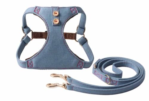 feiling Hundegeschirr Jeans Brustgeschirre Verstellbare für Kleine und Mittlere Hunde Welpengeschirr Katzengeschirr mit Doppelkopf-Hundeleine (blau, M) von feiling