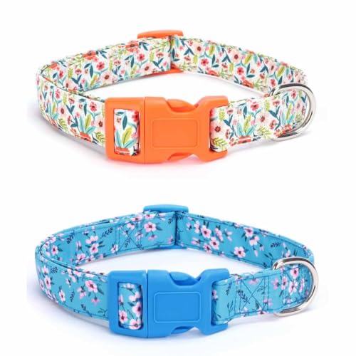 feiling Hundehalsband 2er Pack Blumen Gedruckt Haustiere Kettenhalsband Süßer Stil Hundehalsung Verstellbar Hundeband für Kleine Mittelgroße und Große Hunde (orange + Light Blue, M) von feiling