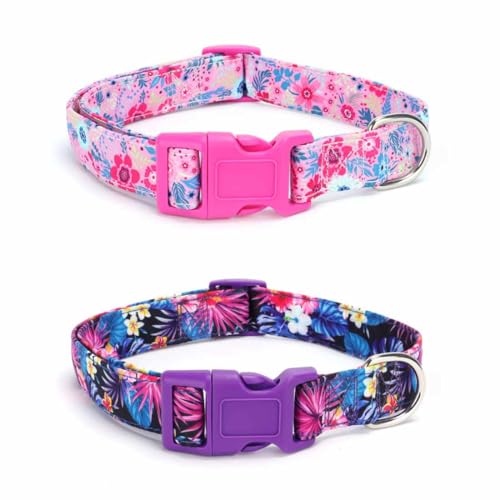 feiling Hundehalsband 2er Pack Blumen Gedruckt Haustiere Kettenhalsband Süßer Stil Hundehalsung Verstellbar Hundeband für Kleine Mittelgroße und Große Hunde (rosa + Purple, L) von feiling
