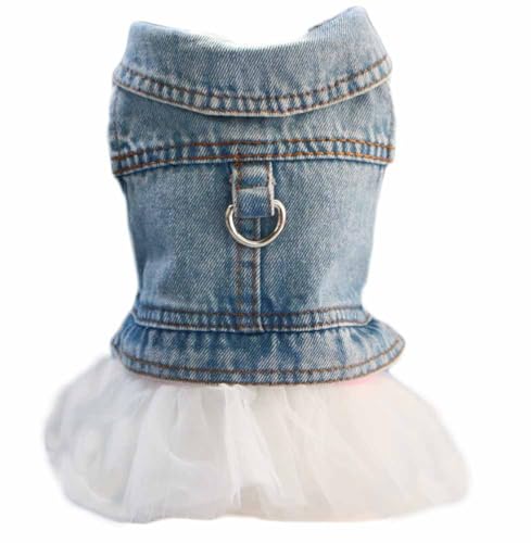 feiling Jeans Hundejacke mit Tutu Rock Hundemantel mit Metallhake für Hundeleine, Denim Outfit Hundekleidung Haustier Weste für Welpen,Kleine, Mittlere Hunde (blau, L) von feiling