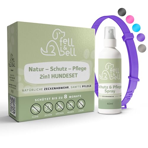 fell&bell Zeckenhalsband Mit 60 ml Kokos-Pflegespray – Natürliche Öle Gegen Ungeziefer – Hundehalsbänder In 5 Farben – Bis 8 Monate Schutz – Flohhalsband - Wasserfest – Für Alle Hunde (Lila) fell&bell Zeckenhalsband Mit 60 ml Kokos-Pflegespray – Natürliche Öle Gegen Ungeziefer – Hundehalsbänder In 5 Farben – Bis 8 Monate Schutz – Flohhalsband - Wasserfest – Für Alle Hunde (Lila) von fell&bell