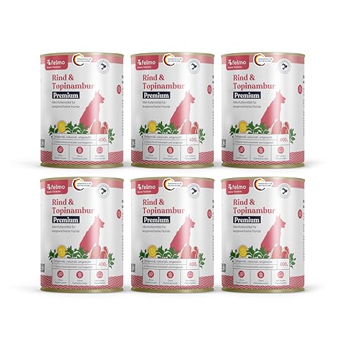 felmo Premium Nassfutter mit leckerem Rind für Hunde 6x400g (2400g) naturnah artgerecht, ohne Zucker- und Getreidezusatz – enthält wichtige Vitamine und Fettsäuren mit extra hohem Fleischanteil von felmo