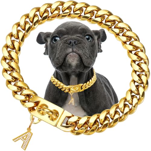 15mm breite goldene Hundekette mit Anhänger,18K vergoldete Edelstahl-Walking-Ketten aus kubanischen Gliedern,Starke,kausichere Halsbänder für kleine und mittelgroße Hunde (35cm) von fengco