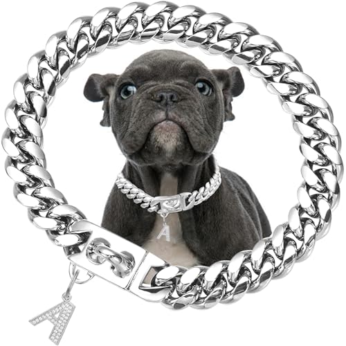 15mm breites silbernes Hundehalsband mit Anhänger,Edelstahl-Walking-Metallkette mit kubanischen Gliedern,Starke,kausichere Halsbänder für kleine bis mittelgroße Hunde(25cm) von fengco