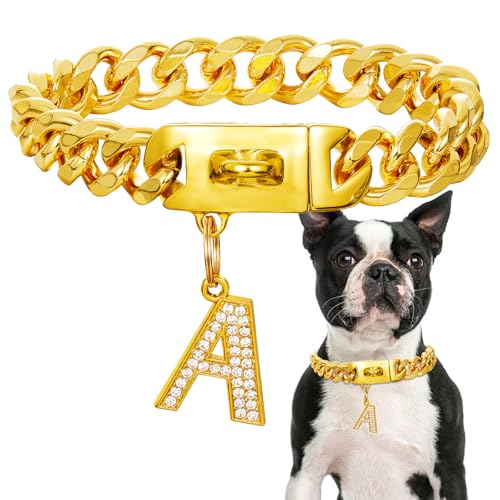 Goldenes Hundehalsband mit Anhänger,Edelstahl-Walking-Metallhalsband,19mm breit, schweres kubanisches Glied,Starke,kausichere Halsbänder für mittelgroße und große Hunde(60cm) von fengco