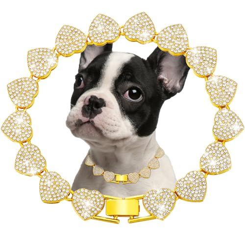 Goldfarbene Hundehalsband, Herz-Halskette, Diamant, kubanische Gliederung, Hundehalsband, Katzenketten, Haustier-Kristall-Halsbänder, Schmuckzubehör für Hunde und Katzen (45,7 cm) von fengco