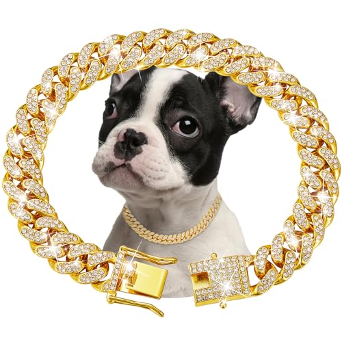 Goldkette für Hunde, Hundehalsband mit kubanischen Gliedern aus Diamanten, 13 mm breit, Metallkette für Katzen, Kristallhalsband für Haustiere, Schmuckzubehör für Goldkette für Hunde, Hundehalsband mit kubanischen Gliedern aus Diamanten, 13 mm breit, Metallkette für Katzen, Kristallhalsband für Haustiere, Schmuckzubehör für von fengco