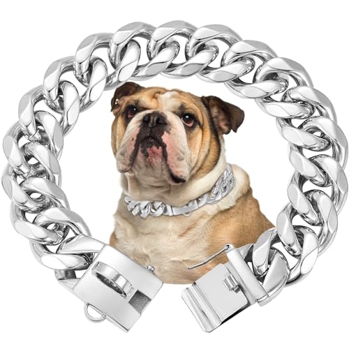 Hundehalsband aus massivem Stahl mit Schnalle, 19 mm breit, strapazierfähig, starker Edelstahl, Metall, für Haustiere, solide kubanische Glieder, Halsbänder für Hunde (55 cm) von fengco