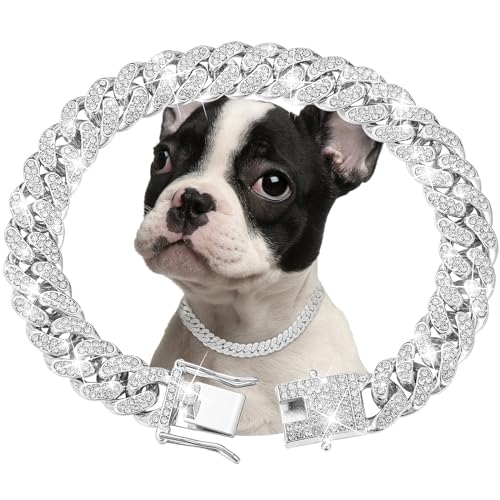 Silberkette für Hunde, Hundehalsband mit kubanischen Gliedern mit Diamanten, 13 mm breit, Metallkette für Katzen, Kristallhalsband für Haustiere, Schmuckzubehör für Silberkette für Hunde, Hundehalsband mit kubanischen Gliedern mit Diamanten, 13 mm breit, Metallkette für Katzen, Kristallhalsband für Haustiere, Schmuckzubehör für von fengco
