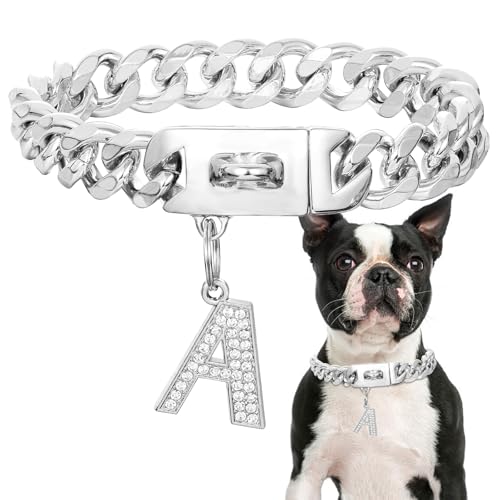 Silbernes Hundehalsband mit Anhänger,Edelstahl-Walking-Metallkettenhalsband, 19mm breit, schweres kubanisches Glied,Starke,kausichere Halsbänder für mittelgroße und große Hunde(35cm) von fengco