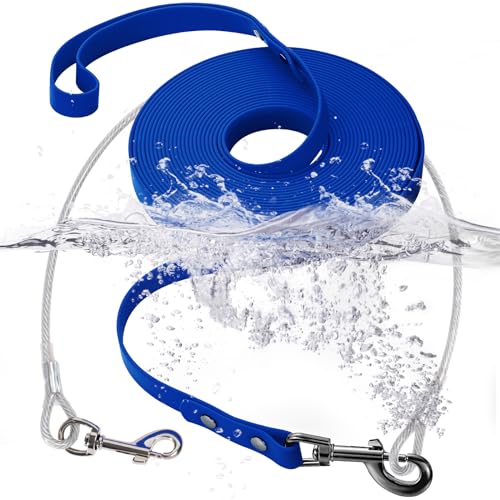 Wasserdichte PVC-Trainingsleine + kaufeste Drahtseil-Hundeleine, lange Leine, Outdoor-Hundeleine für Training, Strand, Hof, Spielen, Camping (Blau, 10 m) von fengco