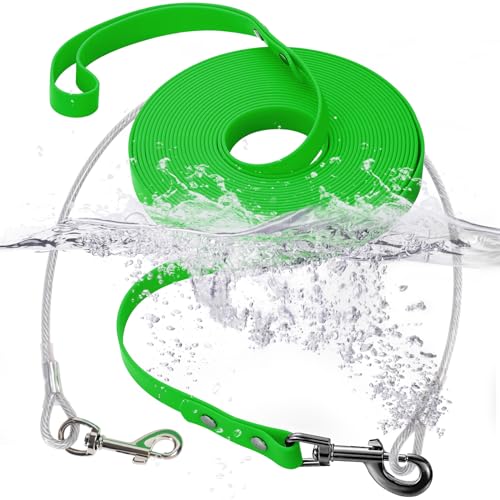 Wasserdichte PVC-Trainingsleine + kaufeste Drahtseil-Hundeleine, lange Leine, Outdoor-Hundeleine für Training, Strand, Hof, Spielen, Camping (Grün, 15 m) von fengco