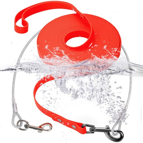 Wasserdichte PVC-Trainingsleine + kaufeste Drahtseil-Hundeleine, lange Leine, Outdoor-Hundeleine für Training, Strand, Hof, Spielen, Camping (Orange, 15 m) von fengco