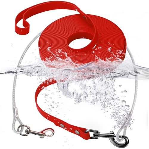 Wasserdichte PVC-Trainingsleine + kaufeste Drahtseil-Hundeleine, lange Leine, Outdoor-Hundeleine für Training, Strand, Hof, Spielen, Camping (Rot, 15 m) von fengco