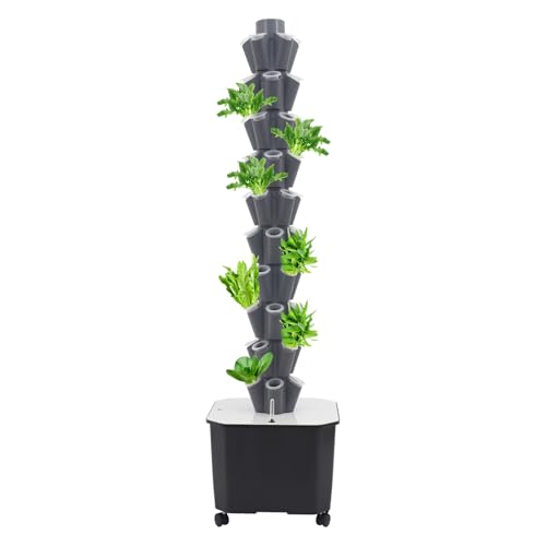 Fennnds Hydroponic System, 10-Lagiger Vertical Farming Tower mit 5 Räder, 50 Pflanzlöcher, Blütenblattförmige Pflanzkörbe, Hydro Tower mit 45L Wassertank für Obst, Gemüse und Kräuter (Grau) von fennnds